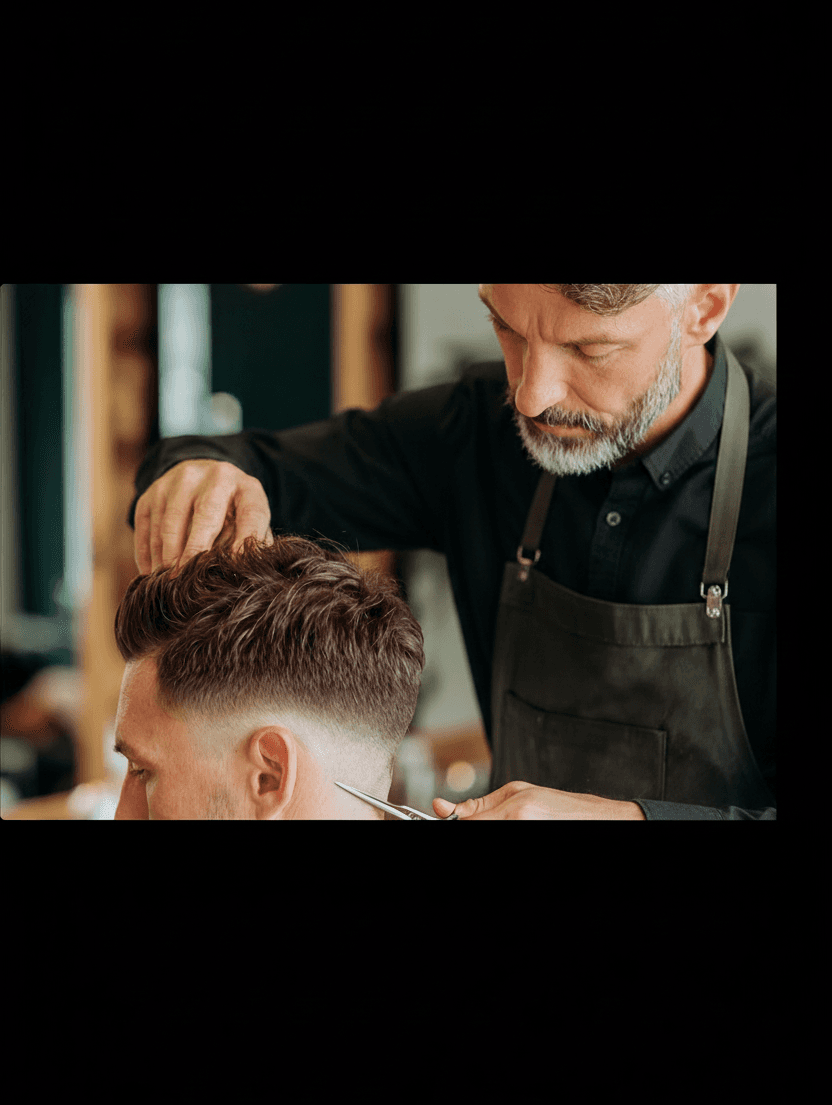 Barbeiro finalizando um corte masculino