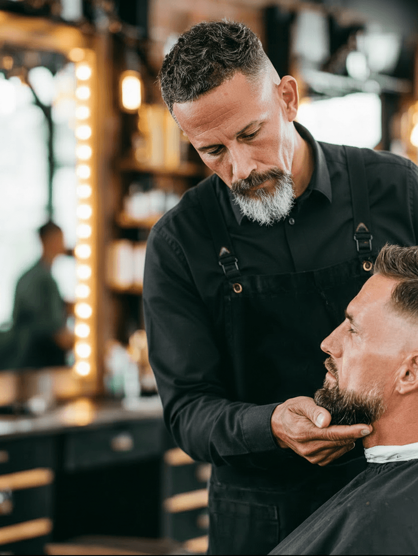 Barbeiro avaliando a barba de um cliente