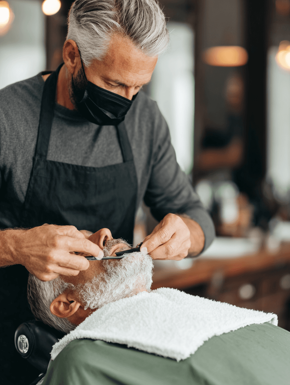 Barbeiro aparando a barba de um cliente com navalha
